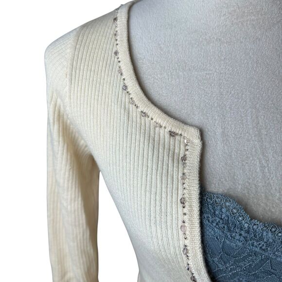Vintage Abercrombie Wool Silk Cashmere Beaded Ribbed V-neck Sweater Y2K Retro - Picture 6 of 10